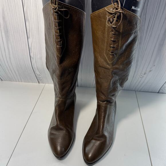 Vintage Nine West Leather Millicent Brown Front Tie Slouchy Flat Boots Size 10 - Picture 1 of 8